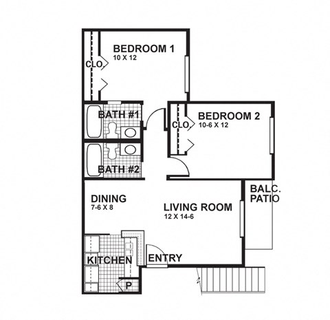 Floor plan for 2 beds, 2 baths, 781 sqft